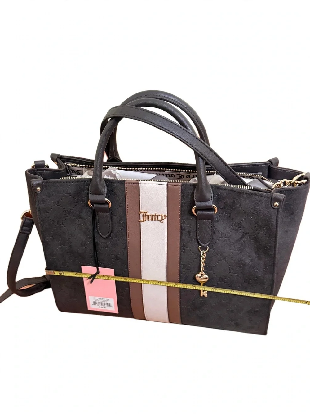 Juicy Couture Black Suede Satchel with Brown and Cream Center Stripe